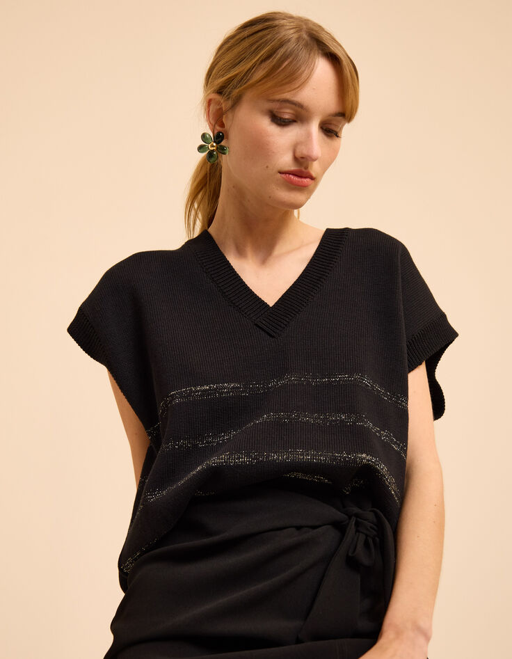 Schwarzer ärmelloser Strickpulli Lurexstreifen I.Code-6