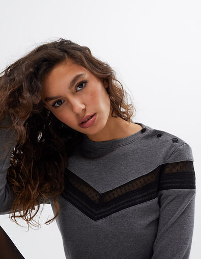 sweat gris chiné résille plumetis et bord-côte I.Code