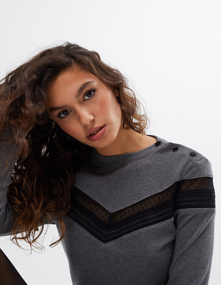 sweat gris chiné résille plumetis et bord-côte I.Code-1 sweat gris chiné résille plumetis et bord-côte I.Code-1