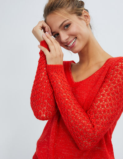 Pull rouge lipstick mohair mélangé à manches ajourées I.Code