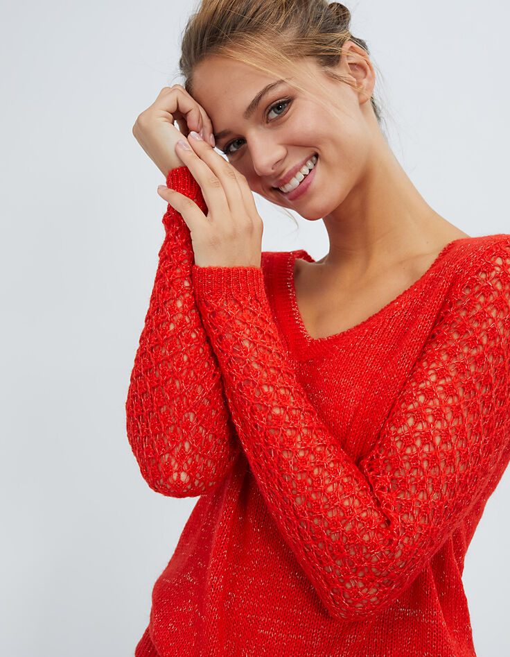 Pull rouge lipstick mohair mélangé à manches ajourées I.Code-1