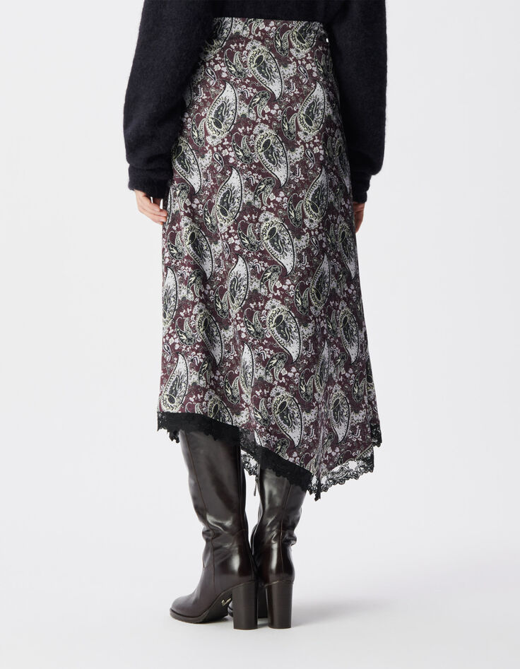 Asymmetrischer langer Rock mit bordeauxfarbenem Paisleymuster Damen-4