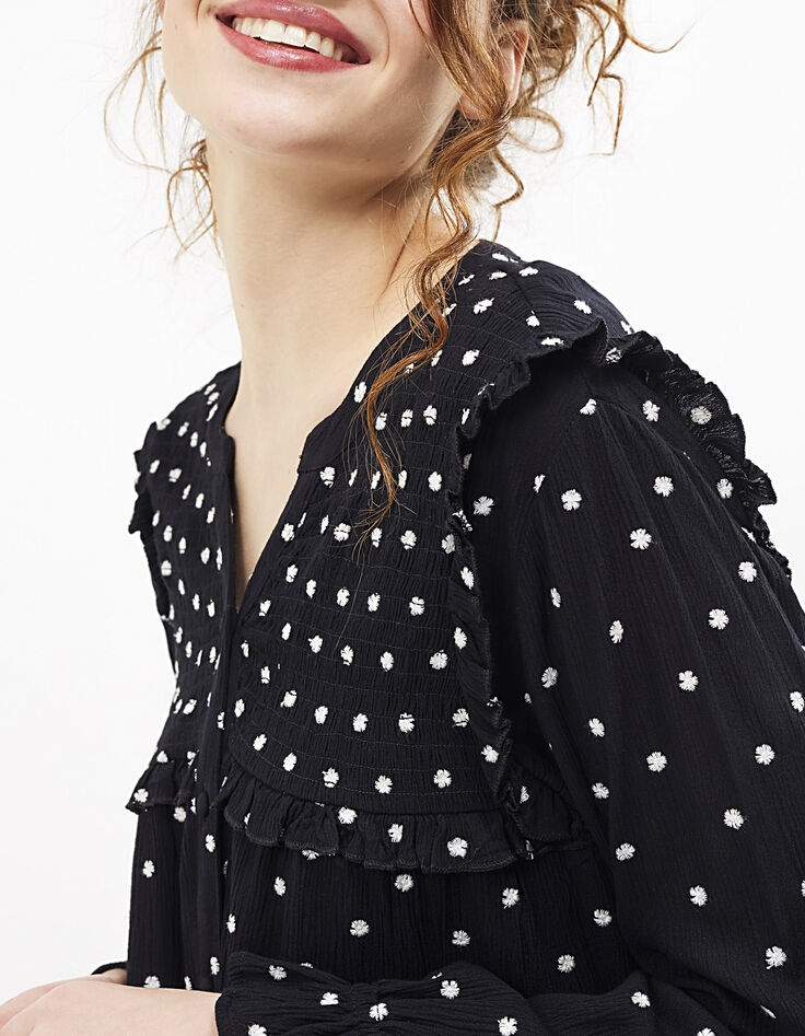 I.Code black dress with ruffles and white embroidery-4