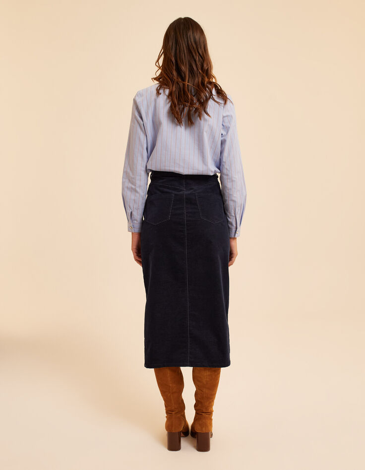 I.Code navy denim-look velvet split skirt-4