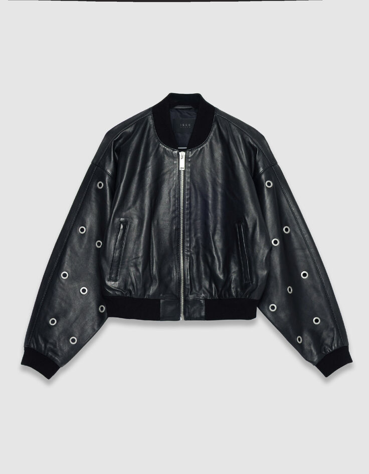 Schwarzer Lederbomber Damen maxi &Ouml;sen-Design-6