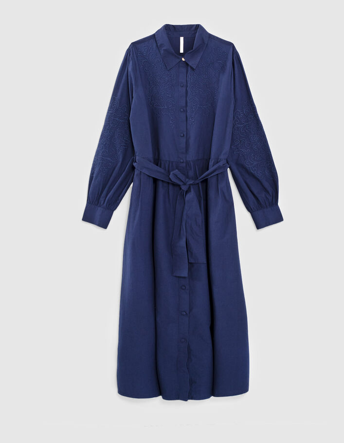 Lange indigo jurk borduursels in ton sur ton I.Code  - I.CODE