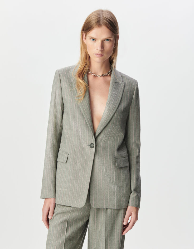 Grauer Damenblazer mit rosa Streifen-2