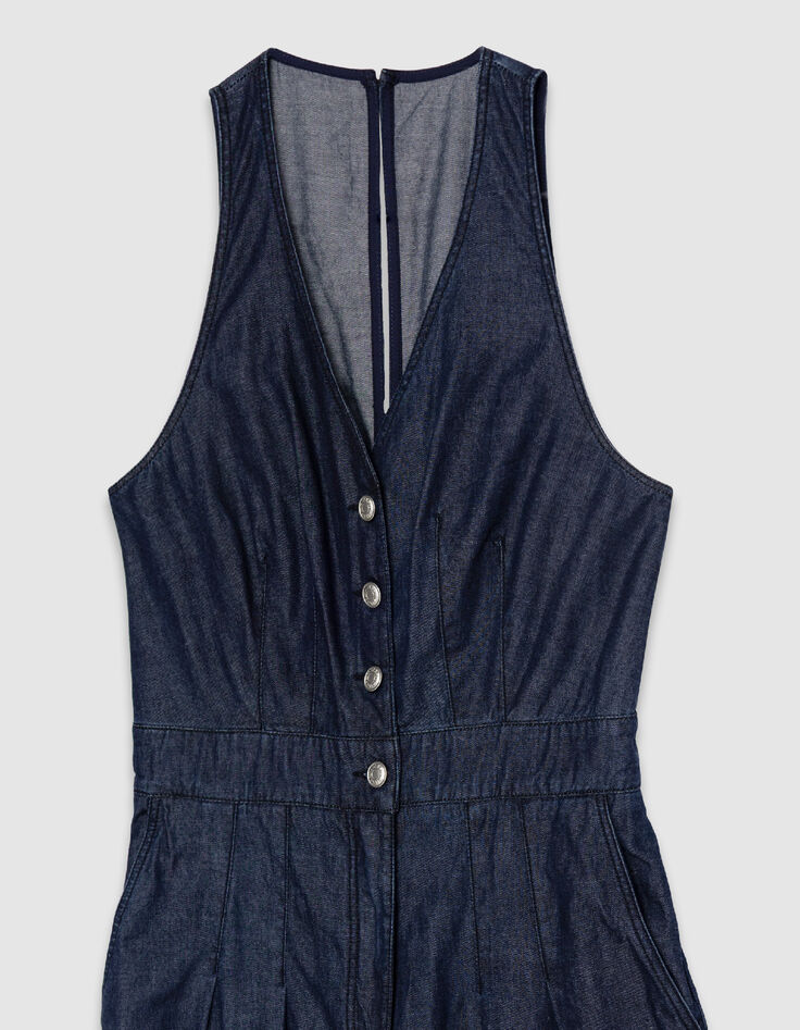 Mujer mono ancho de denim crudo sin mangas-7