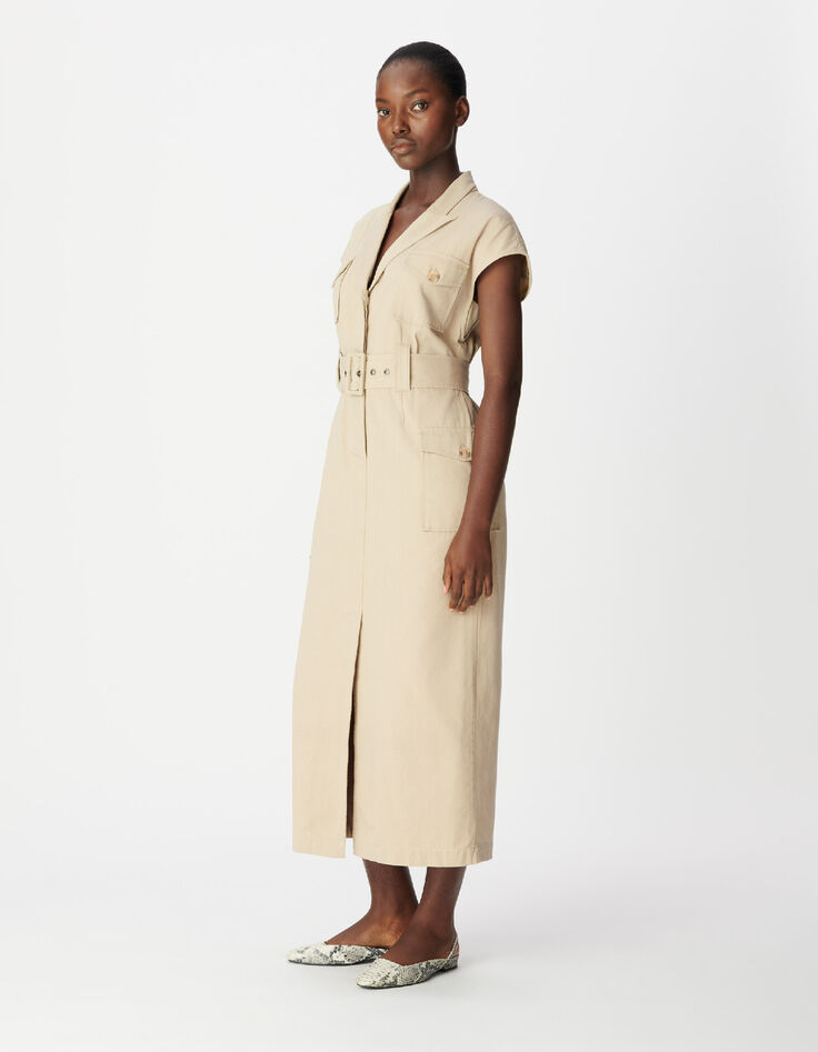 Women's long beige sleeveless safari dress-4