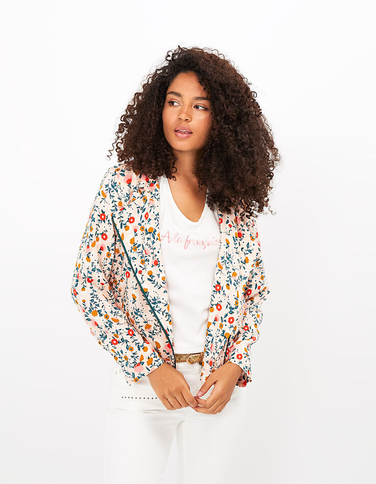 Veste de motard rose poudré imprimé floral et doré I.Code-3