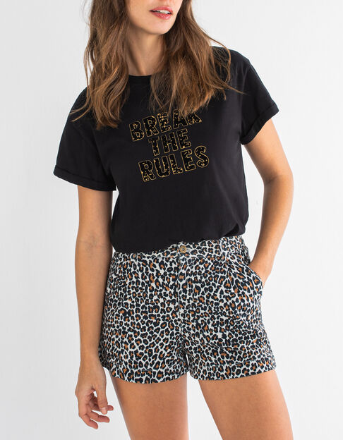 Jeansshort met geelbruine luipaardprint I.Code