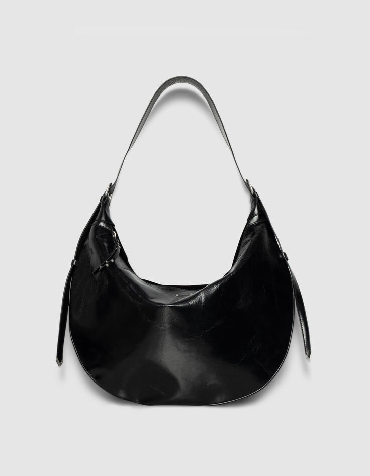 Schwarze Damenhalbmondtasche gl&auml;nzendes Allane-Leder-1