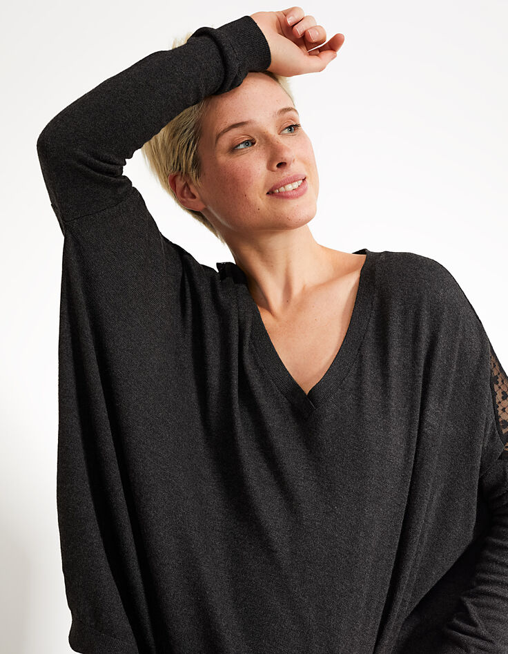 Grauer Cape-Pullover, schwarzer Mesh-Rücken mit Herzen I.Code-2