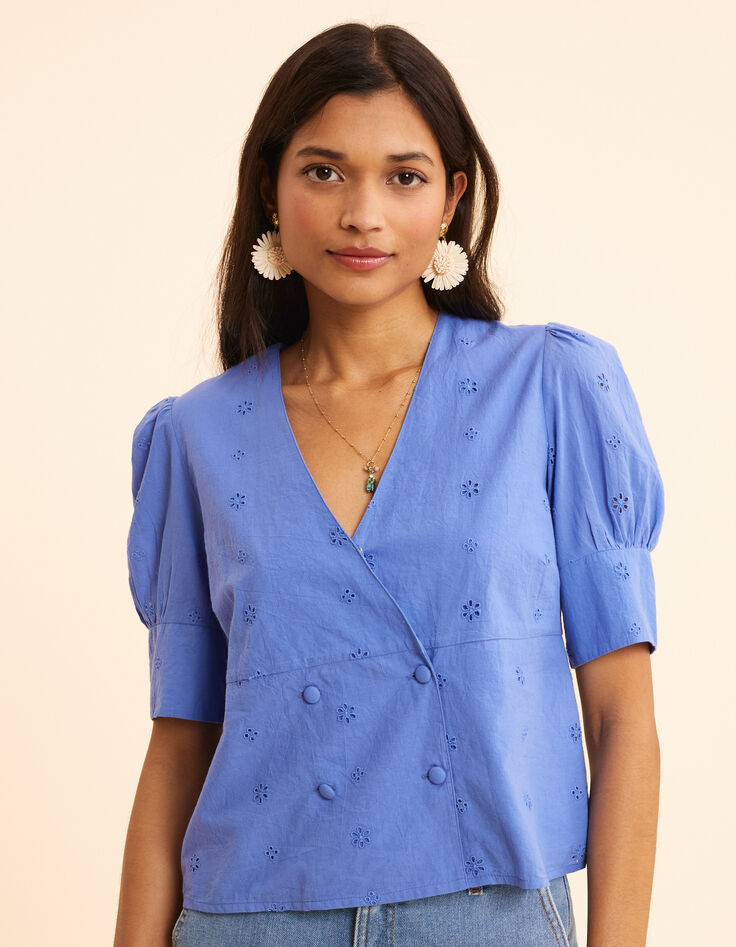 Blue top embroidery anglaise double-breasted buttoning I.Code-3