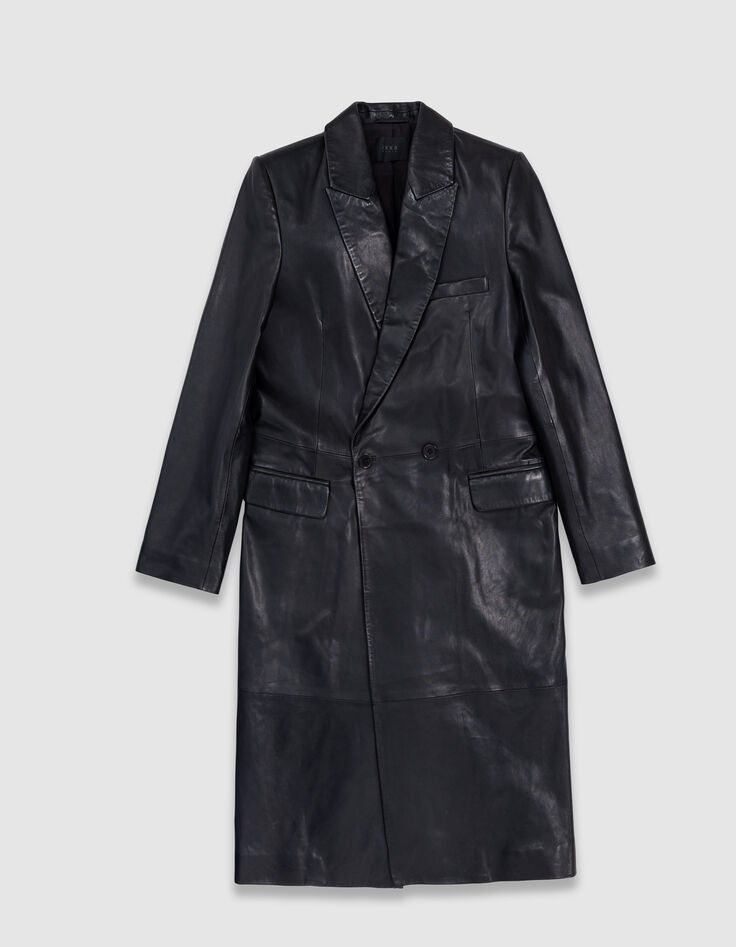 Schwarzer, langer Oversize-Damenledermantel-8
