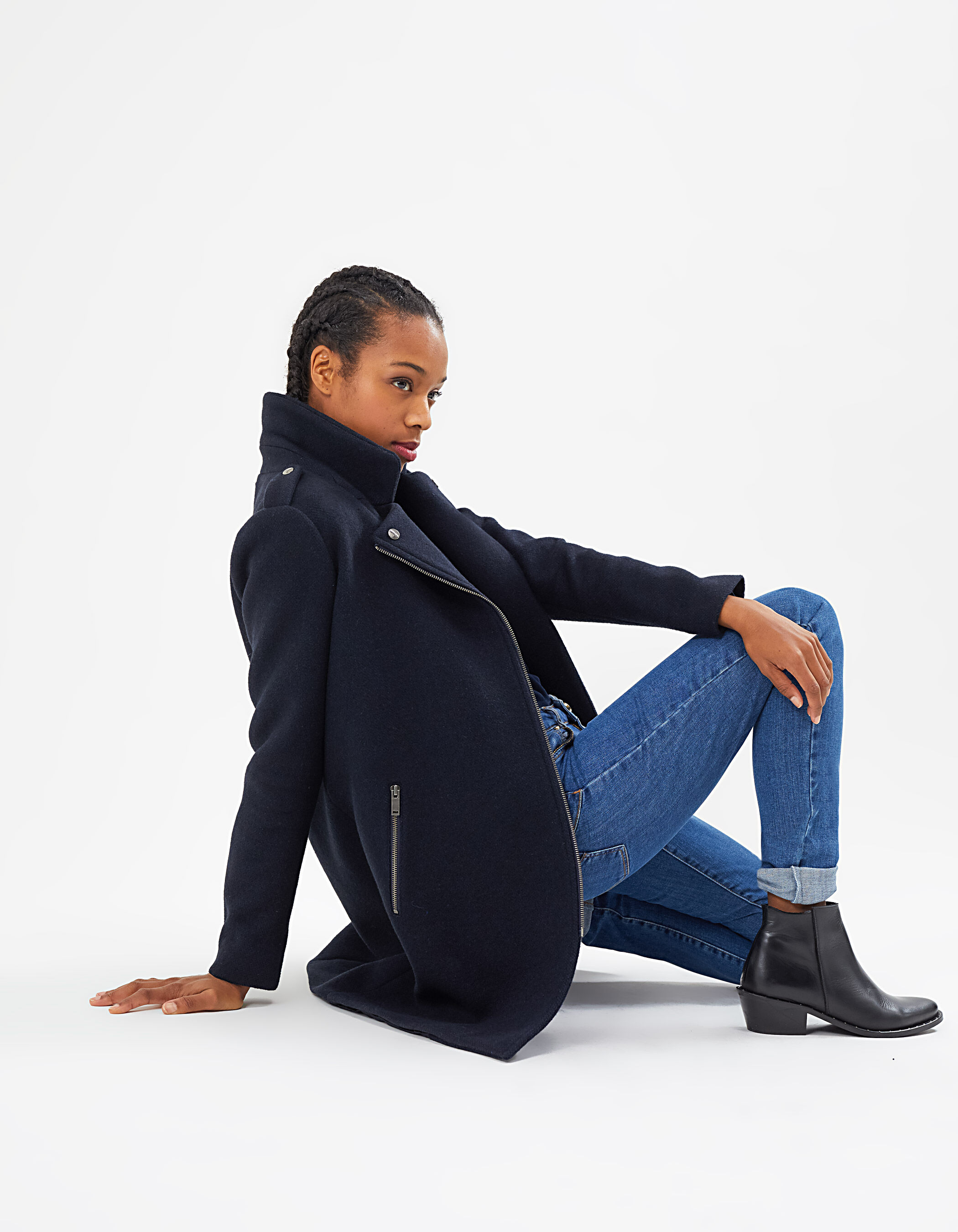 Navy coat with jeans shop