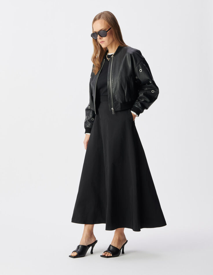Schwarzer Lederbomber Damen maxi &Ouml;sen-Design-1