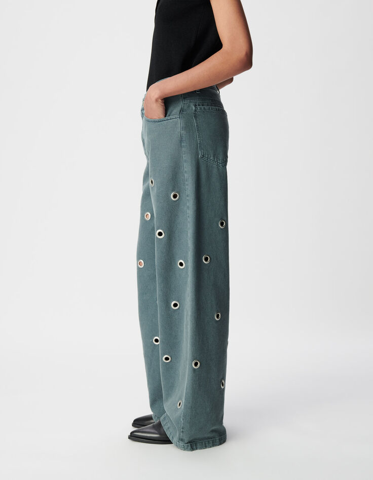 Edie Damen Jeans mit hoher Taille und weitem Bein mit &Ouml;senmuster-3