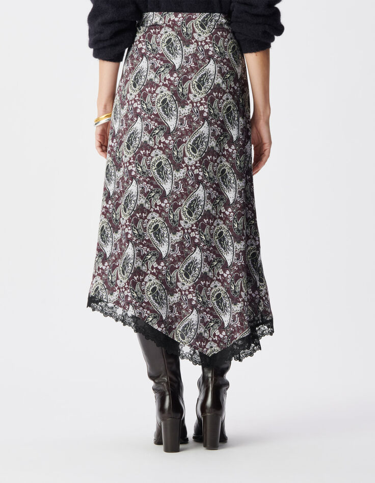 Asymmetrischer langer Rock mit bordeauxfarbenem Paisleymuster Damen-5