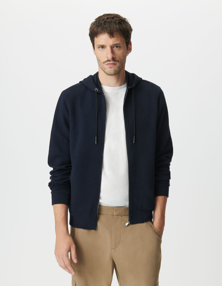 Blaue Herrenstrickjacke Biobaumwolle Ausschnitt Kapuze-3