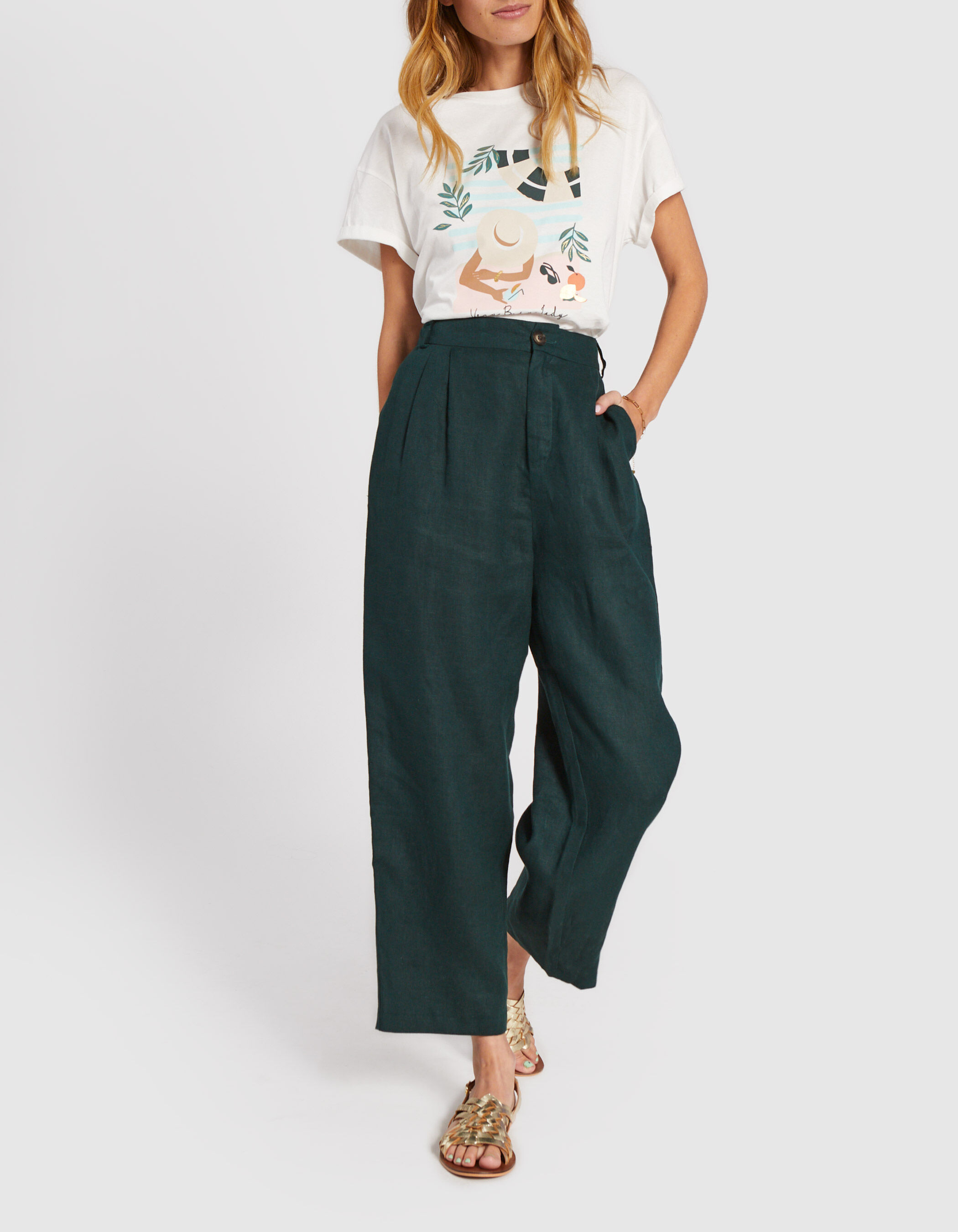 I.Code imperial green linen suit trousers