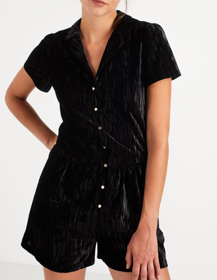 Zwarte korte jumpsuit in velours de panne reliëf I.Code-1