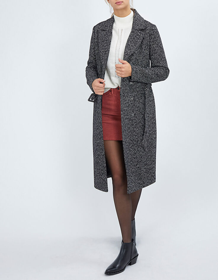 Manteau noir long et chiné avec ceinture I.Code-6