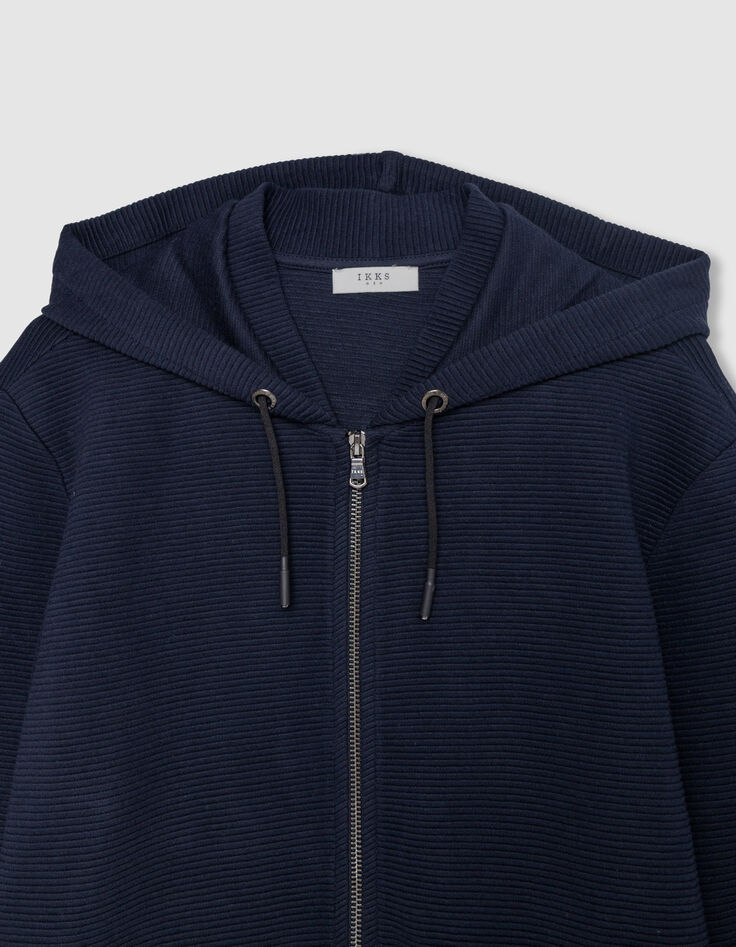 Blaue Herrenstrickjacke Biobaumwolle Ausschnitt Kapuze-8