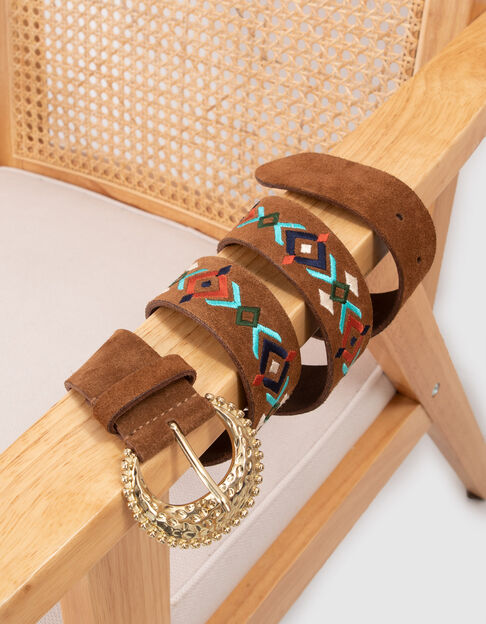 I.Code camel suede belt with ethnic embroidery - I.CODE