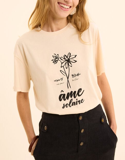 T-shirt manches courtes &eacute;cru visuel fleurs I.Code
