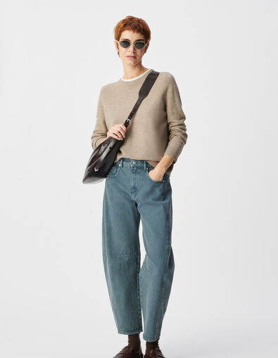 Beigefarbener Wollstrickpullover f&uuml;r Damen mit Trompe-l'oeil-Kragen - IKKS