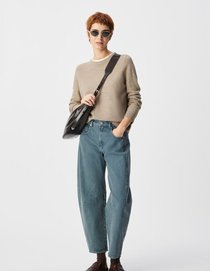Beigefarbener Wollstrickpullover f&uuml;r Damen mit Trompe-l'oeil-Kragen-1
