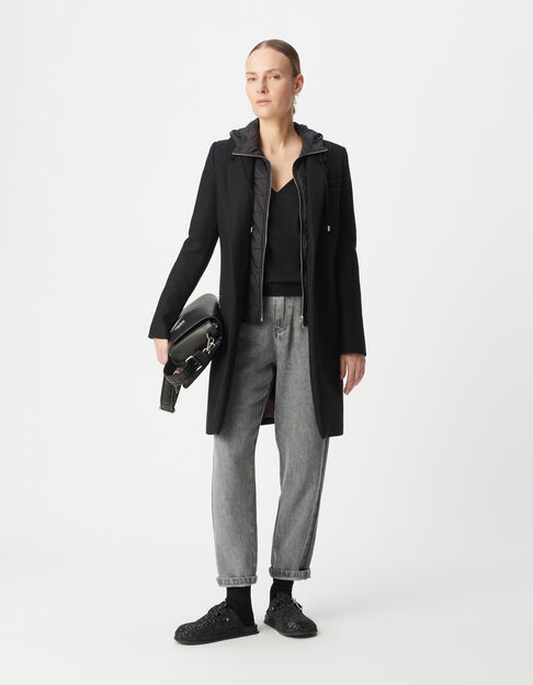 Manteau mi-long noir capuche matelass&eacute;e amovible Femme - IKKS