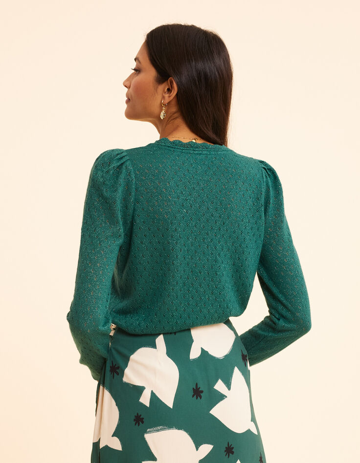 Pull vert lurex tricot ajouré effet cache-cœur I.Code-4