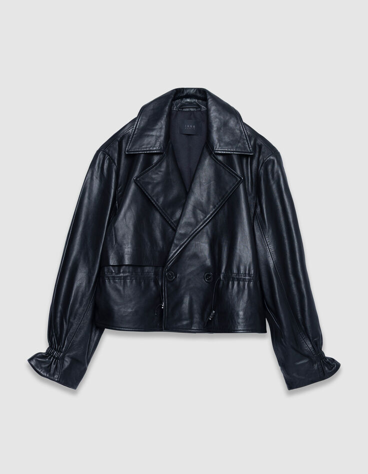 Veste oversize noire cuir coulisse taille Femme-7