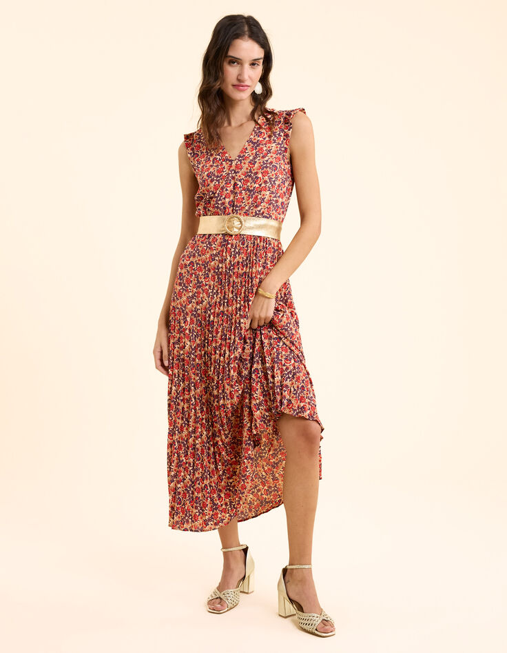 Robe longue rouge plissée imprimé fleuri I.Code-2