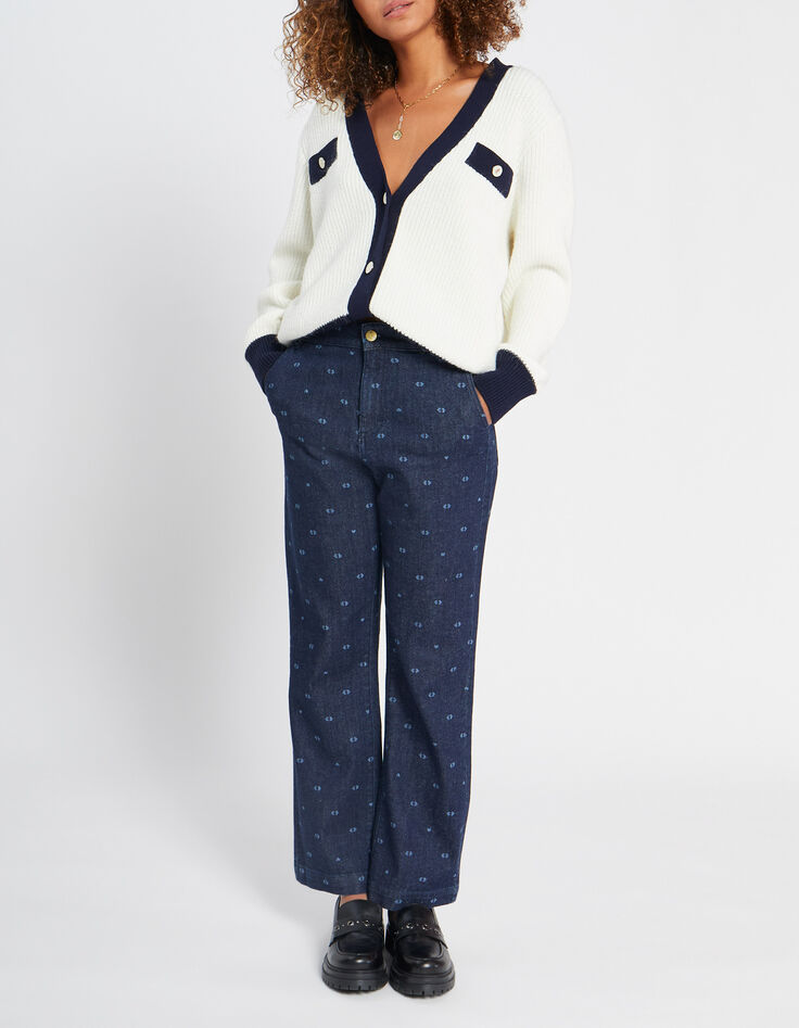 Cardigan blanc cassé bordé marine en tricot I.Code-2 Cardigan blanc cassé bordé marine en tricot I.Code-2
