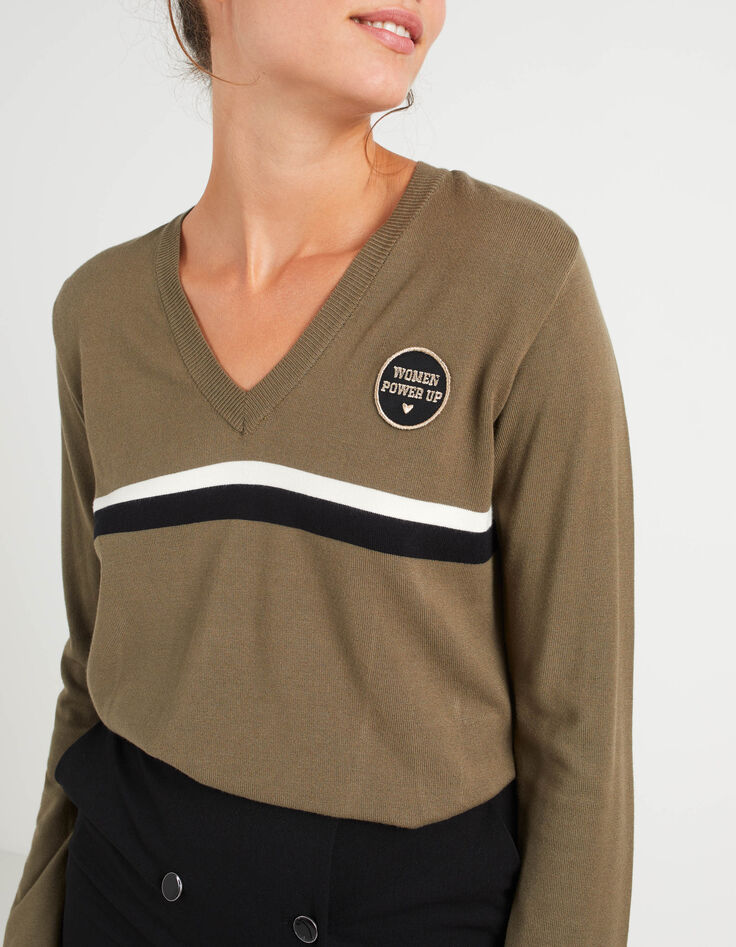 Pull kaki tricot badge et rayures bicolores I.Code-4 Pull kaki tricot badge et rayures bicolores I.Code-4