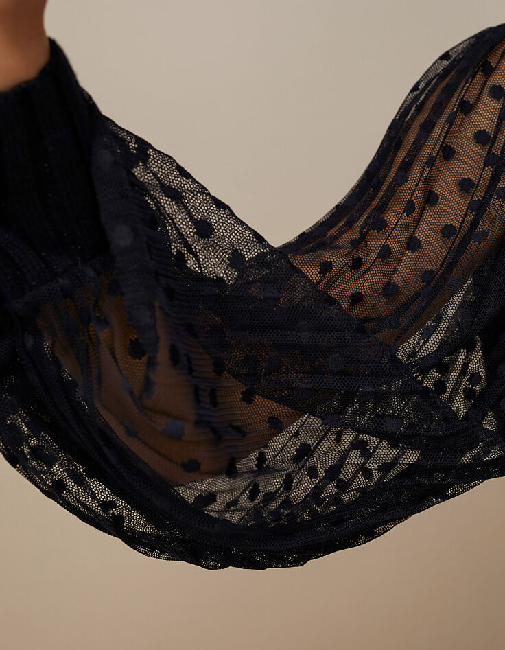 Pull noir bi matière à manches résille plissée I.Code-5