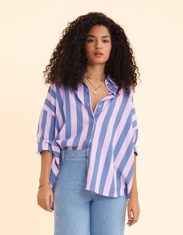 Chemise bleue motif rayures parme I.Code-1
