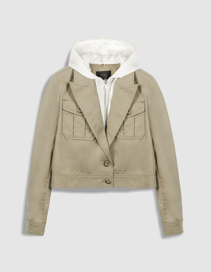 Kurze gr&uuml;ne Jacke f&uuml;r Damen mit abnehmbarer Kapuze aus wei&szlig;em Satin-6
