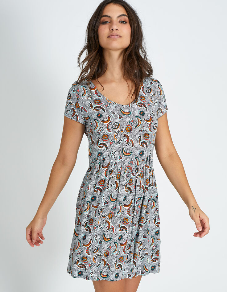 Gebroken witte jurk met bananenwax-print I.Code-2