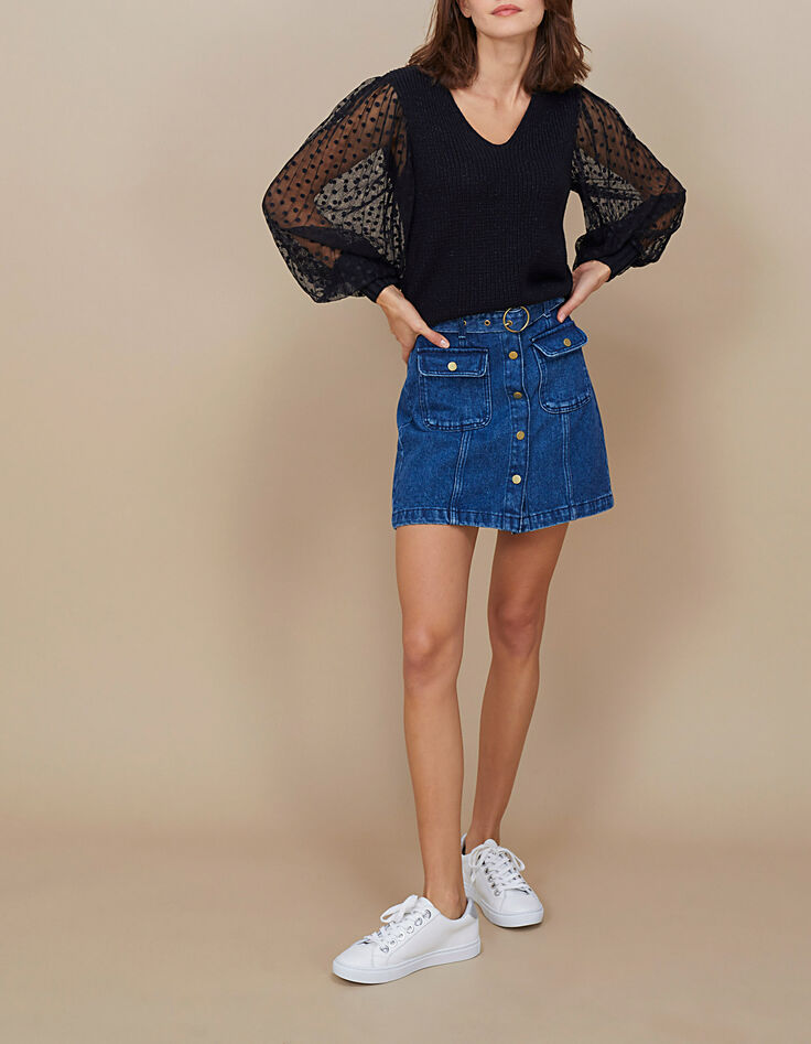 Pull noir bi matière à manches résille plissée I.Code-6