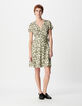 Khakifarbenes Sommerkleid im Wickel forme mit Pflanzenmuster f&uuml;r Damen-1
