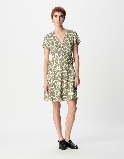 Khakifarbenes Sommerkleid im Wickel forme mit Pflanzenmuster f&uuml;r Damen - IKKS