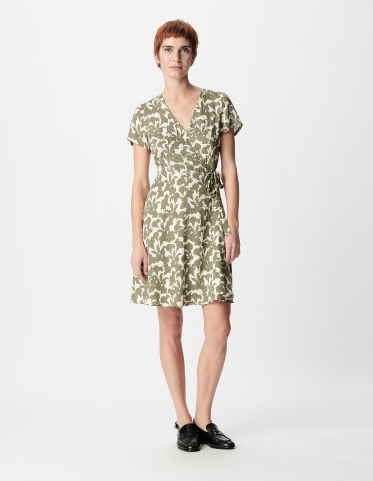 Khakifarbenes Sommerkleid im Wickel forme mit Pflanzenmuster f&uuml;r Damen-1