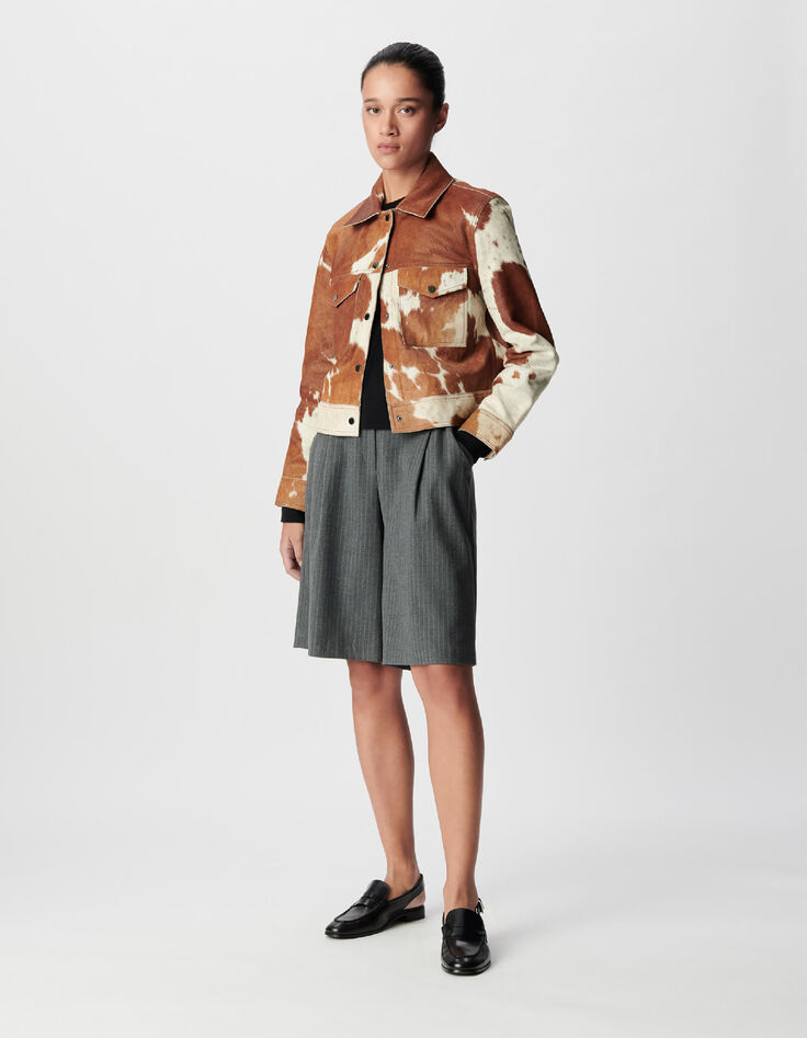 Veste courte en cuir marron motif vache Femme-1
