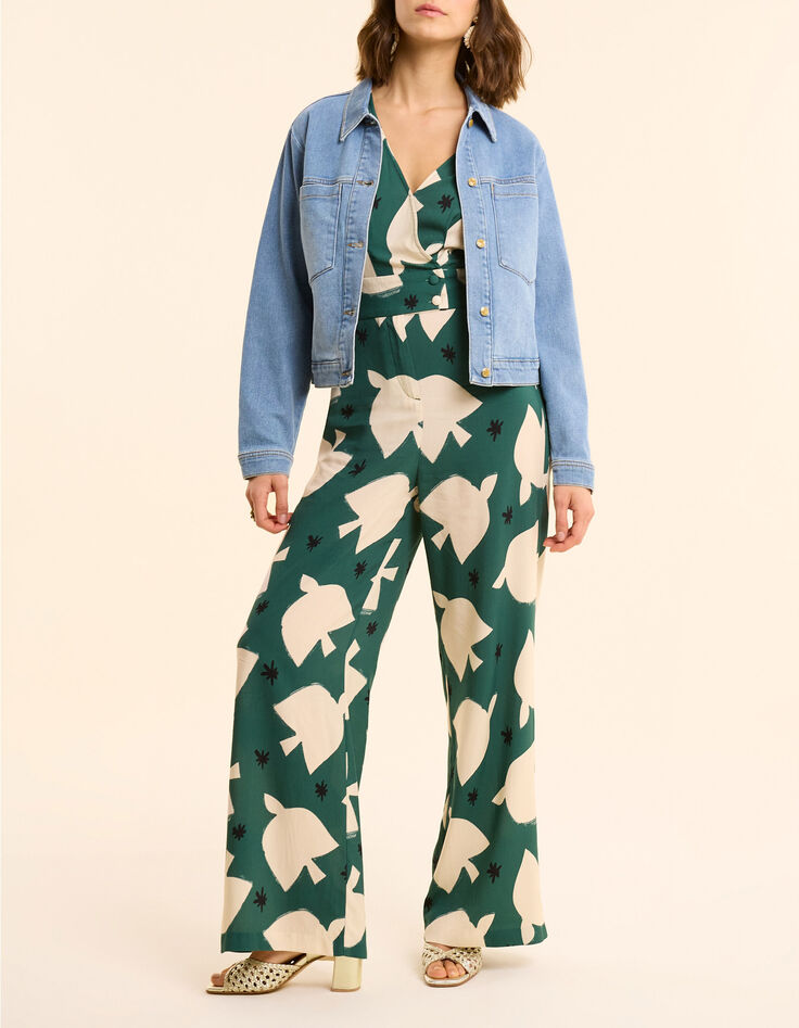 Combinaison-pantalon verte imprim&eacute; maxi oiseaux I.Code-5