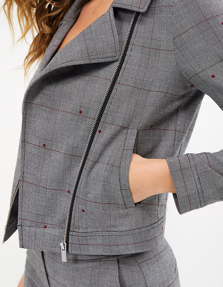 Veste grise esprit motard à motif prince-de-galles I.Code-4