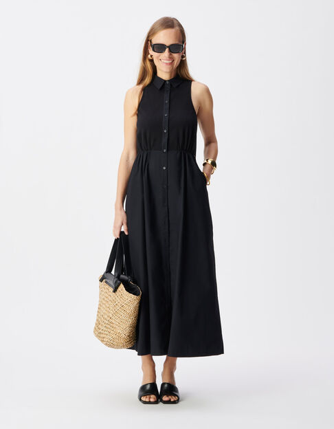 Schwarzes Maxikleid aus Bi-Material mit Knopfleiste f&uuml;r Damen - IKKS